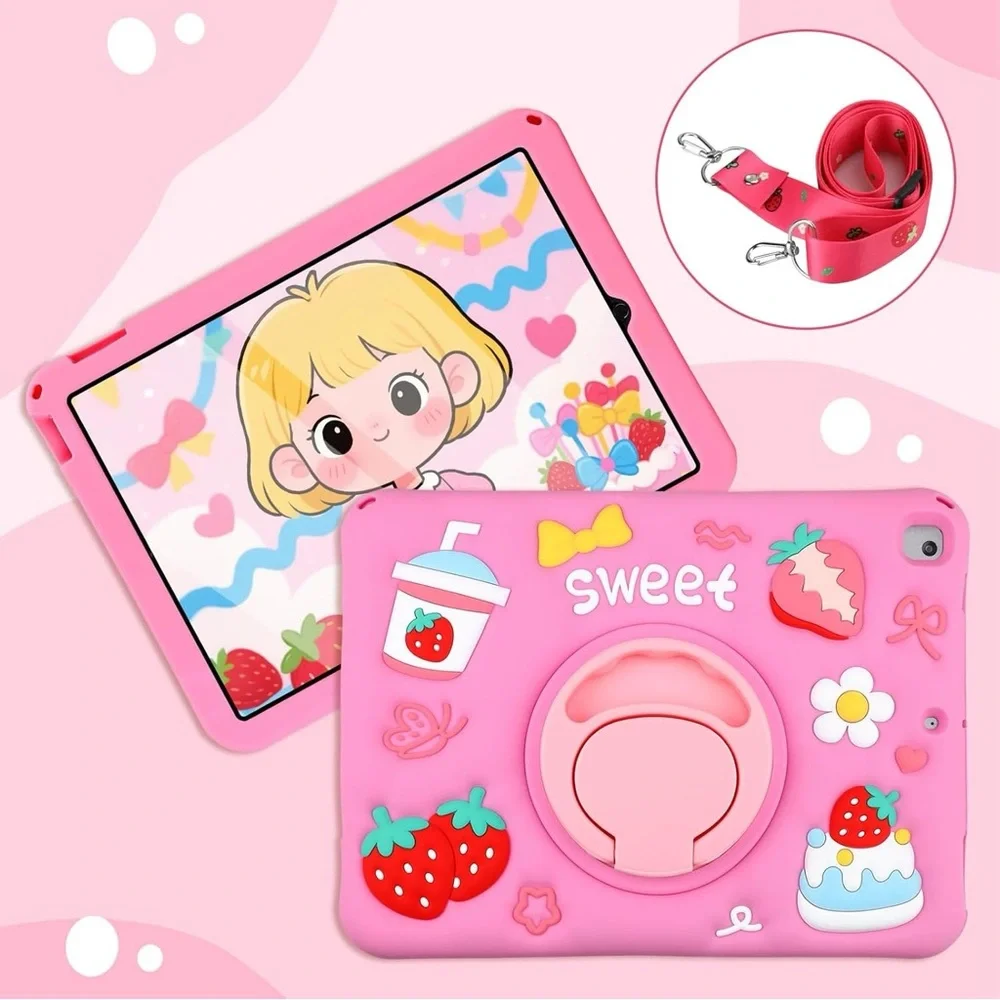 iPad 10.2” Kids Case Pink Cute Kawaii Strawberry w/ Strap & Stand (7/8/9 Gen)